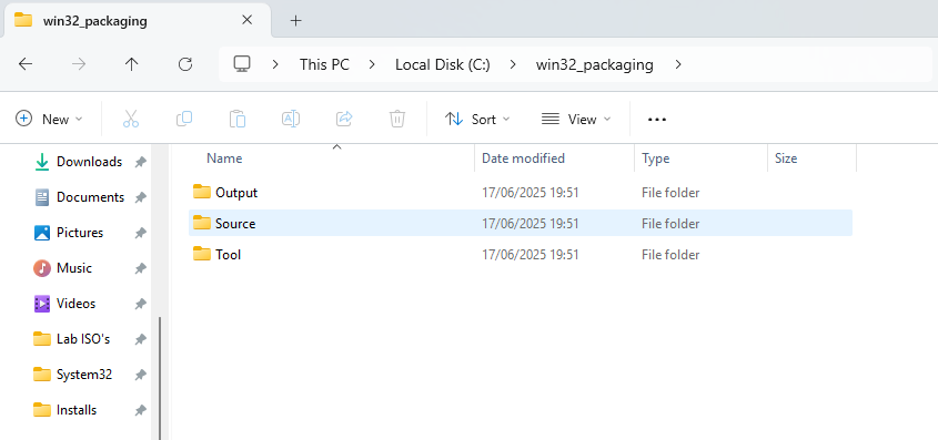 Diagram showing folder structure for Win32 packaging: tool, source, and output directories inside win32_packaging folder.