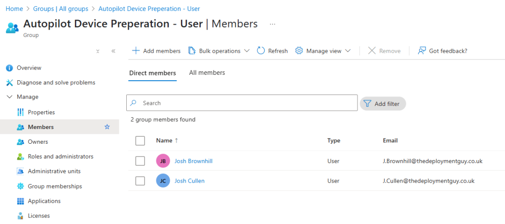 Microsoft 365 admin center screenshot showing the 'Autopilot Device Preparation - User' group with two direct members: Josh Brownhill and Josh Cullen, including their email addresses.