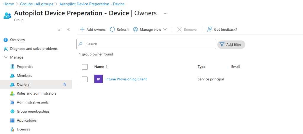 Screenshot of the Microsoft Azure portal showing the 'Autopilot Device Preparation - Device' group owners tab, listing one owner: IPP, an Intune Provisioning Client with a service principal email.