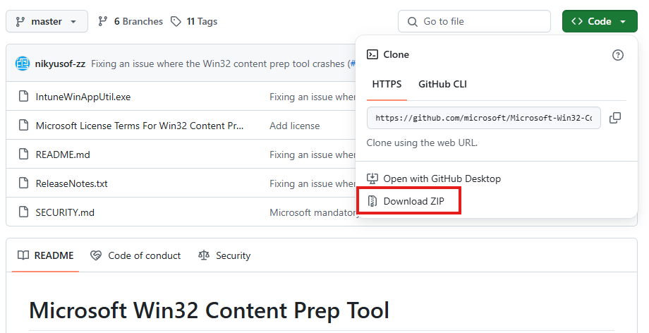 Screenshot of GitHub page for Microsoft Win32 Content Prep Tool with the ZIP download button highlighted for downloading IntuneWinAppUtil.exe.