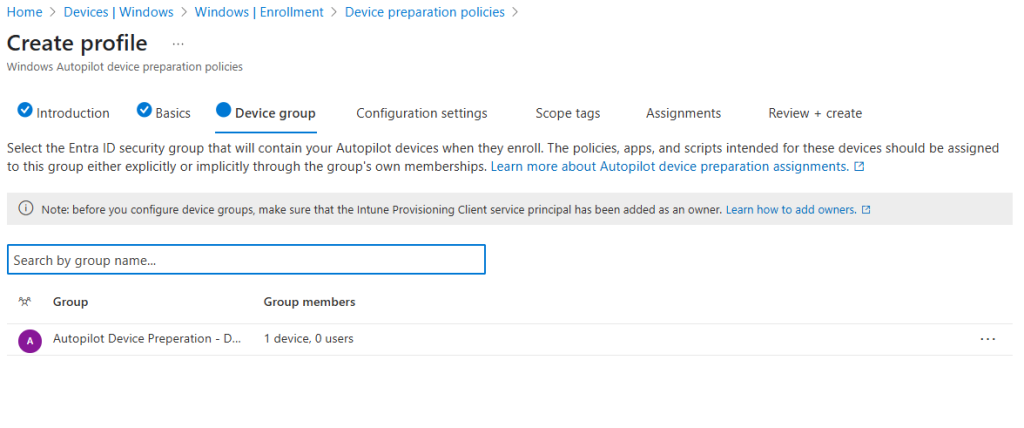 Screenshot of the 'Create profile' page in Windows Autopilot device preparation policies, showing step 3: Device group. It includes instructions for selecting an Entra ID security group and lists one group: 'Autopilot Device Preparation with 1 device and 0 users.