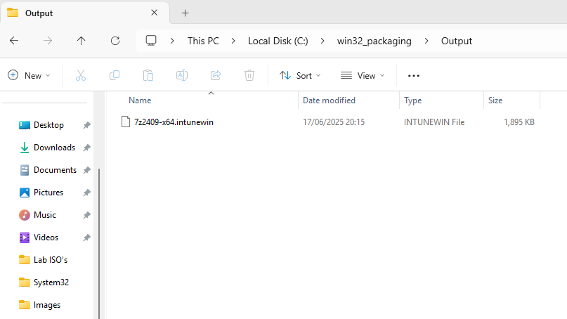 Screenshot of output folder containing packaged .intunewin file ready for upload to Intune.