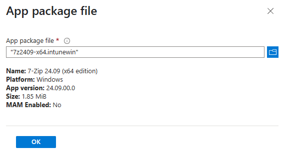 Screenshot of Microsoft Intune Admin Center with the file picker open, showing the .intunewin package file selected for upload.