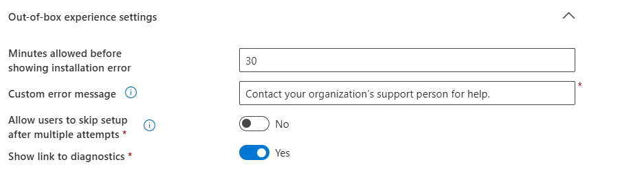 Screenshot of the 'Out-of-box experience settings' showing a 30-minute timeout before installation error, a custom error message instructing users to contact support, 'Allow users to skip setup' set to No, and 'Show link to diagnostics' set to Yes.