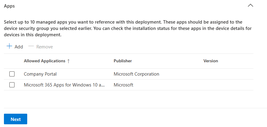 Screenshot of an app deployment interface showing two allowed applications: 'Company Portal' and 'Microsoft 365 Apps for Windows 10 and above', both published by Microsoft. A 'Next' button is visible at the bottom.