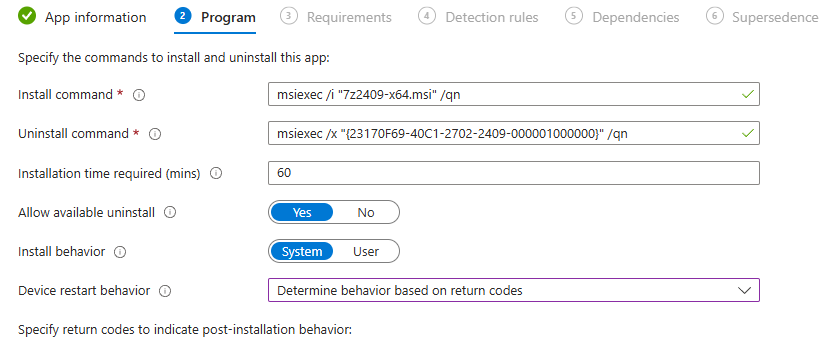 Screenshot of Intune app configuration page showing install command, uninstall command.