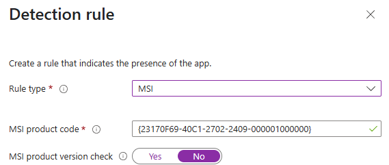 Screenshot of Intune app configuration page showing detection rule.