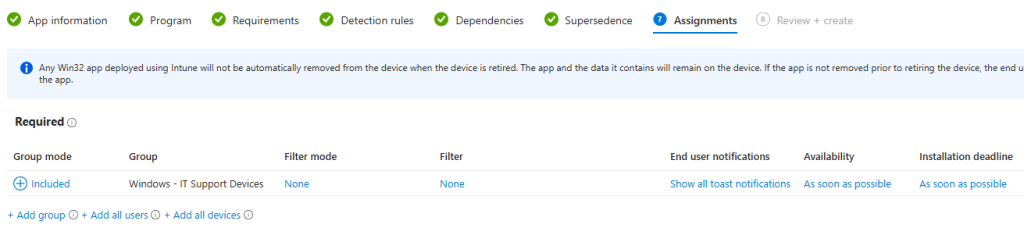 Screenshot of Intune Assignments tab where user groups are selected for app deployment.