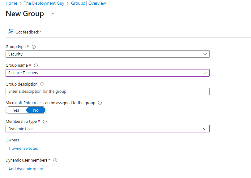 First step in creating a new Dynamic group in Entra ID interface