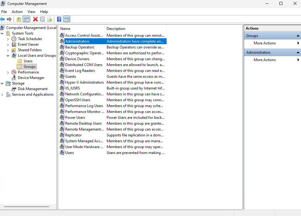 Screenshot of the Local Administrators group in Computer Management, showing user and group entries relevant to Intune-based account protection policy configuration.