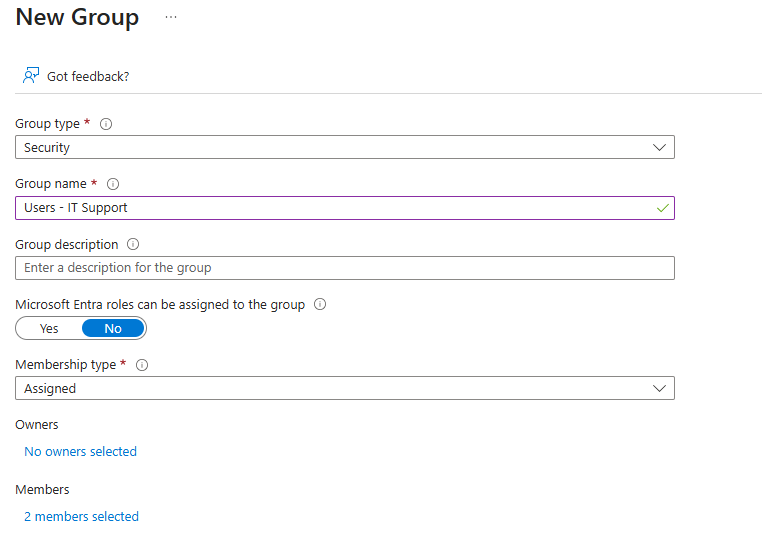 Creating a new IT Support group in Microsoft Entra for managing local administrator
