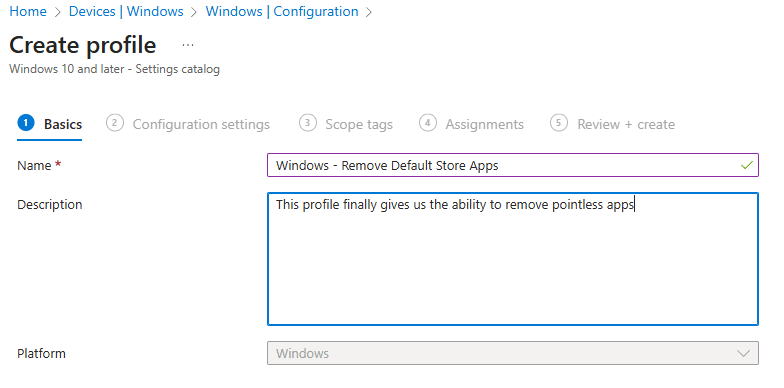 Intune Settings Catalog create profile screen showing Windows Remove Default Store Apps configuration for removing built-in Microsoft Store apps