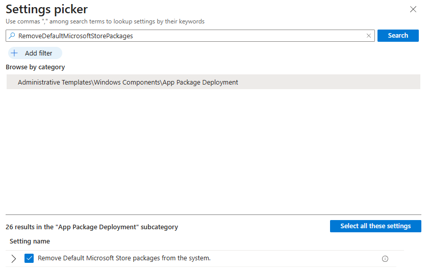 Intune Settings picker showing RemoveDefaultMicrosoftStorePackages option under Administrative Templates for removing built-in Windows apps