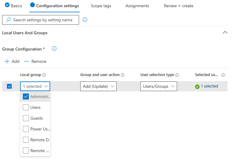Configuration settings screen in Intune account protection policy showing selection of local administrator group for policy enforcement