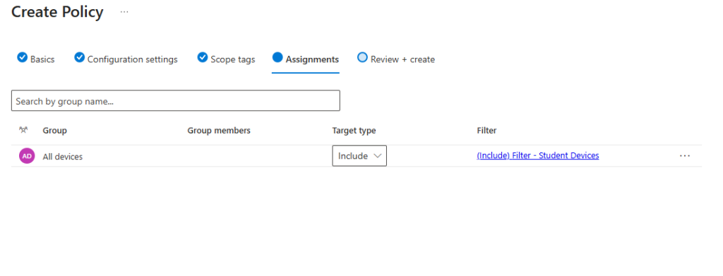 Assigning Intune account protection policy to all devices to enforce local administrator group settings across managed endpoints