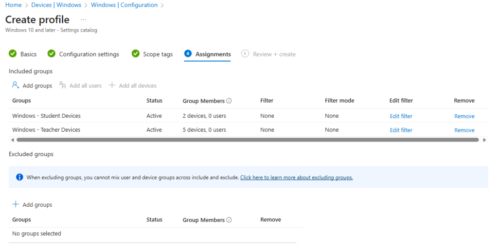 Intune Settings Catalog profile creation screen showing Assignments tab with included groups for Windows Student Devices and Teacher Devices