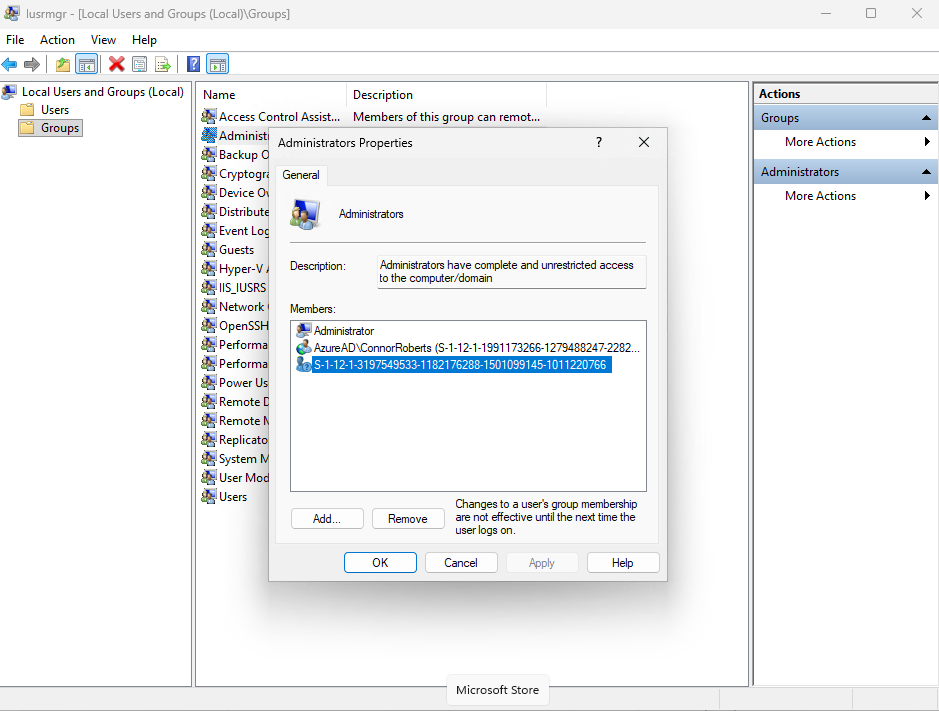 Verified local administrator group in Computer Management showing individual user and group SID after Intune account protection policy deployment