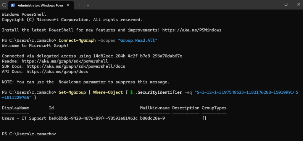 Using Connect-MgGraph PowerShell command to resolve group SID to display name for verifying Intune account protection policy targeting local administrator group