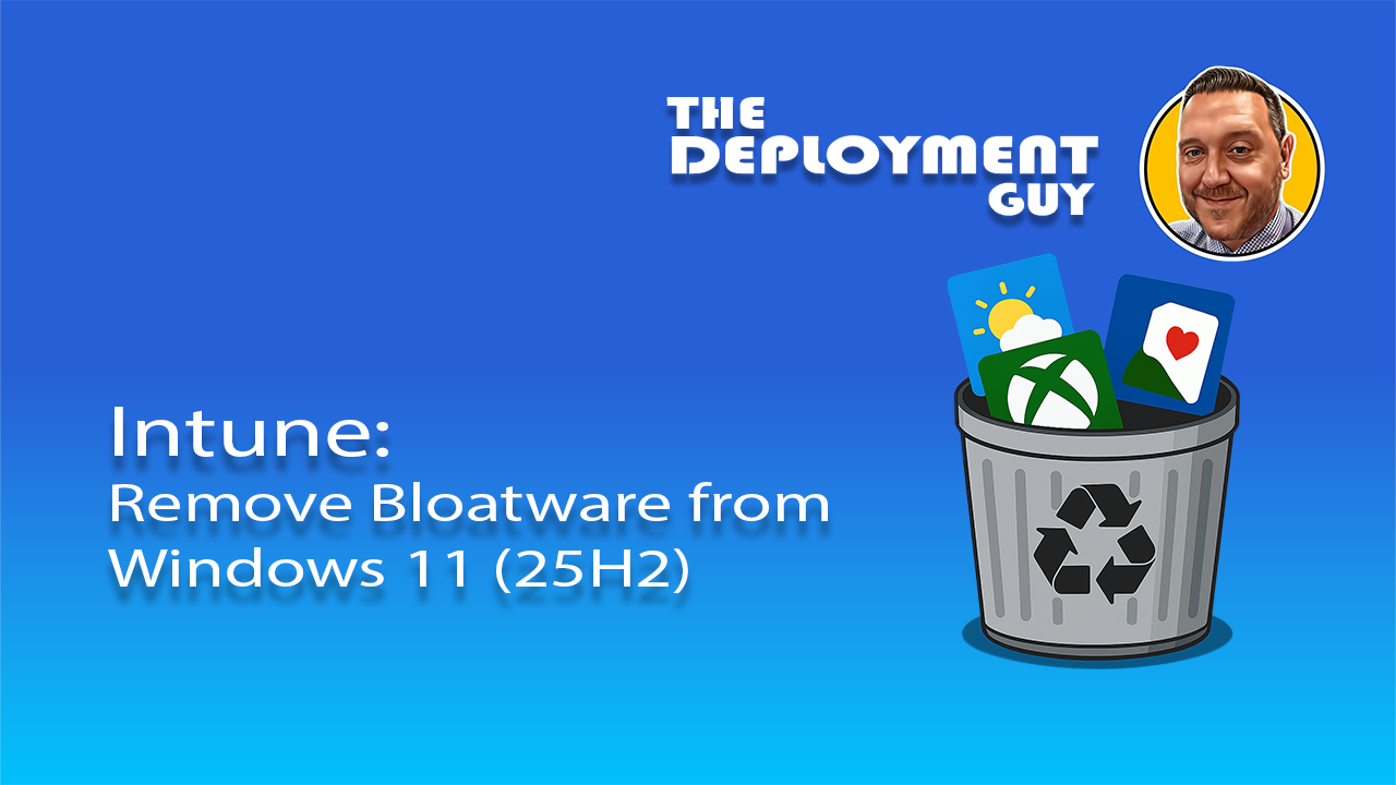 Trash can with Xbox, Weather, and Solitaire app icons representing removal of default Windows 11 apps and bloatware using Intune