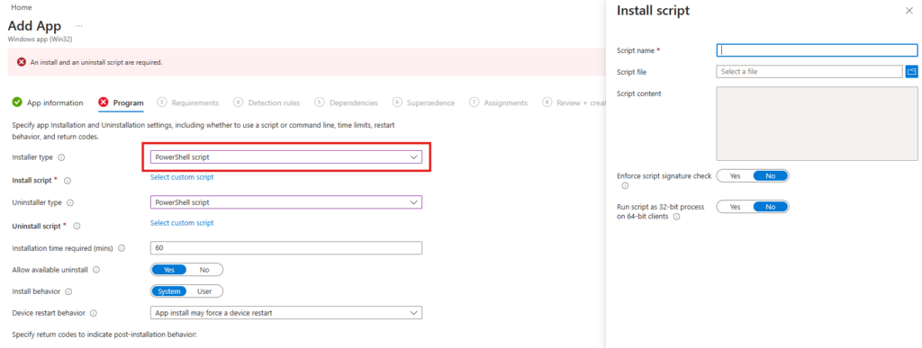 Intune PowerShell script installer type selected on the Win32 app Program page with the Install script flyout panel open