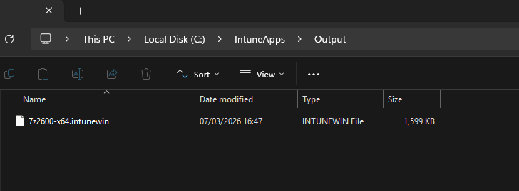 Output folder containing the 7z2600-x64.intunewin file created by the Win32 Content Prep Tool