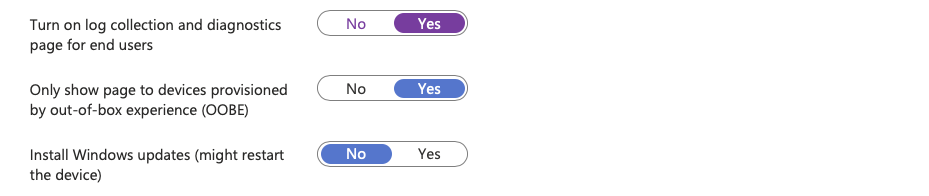 Intune ESP profile settings showing Turn on log collection set to Yes, Only show page to OOBE devices set to Yes, and Install Windows updates set to No