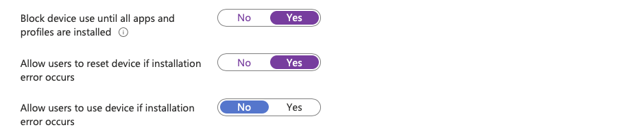 Intune ESP profile settings showing Block device use until all apps and profiles are installed set to Yes, Allow users to reset set to Yes, and Allow users to use device set to No