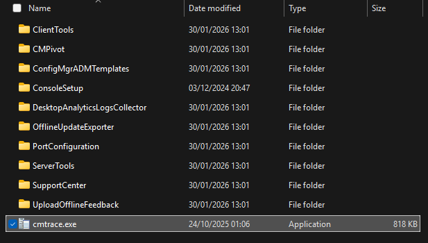 The CMTrace.exe application highlighted in the Configuration Manager Tools directory in Windows File Explorer.