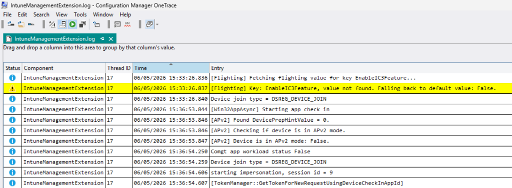 The IntuneManagementExtension.log file open in OneTrace, showing Intune Management Extension log entries with a warning highlighted in yellow.