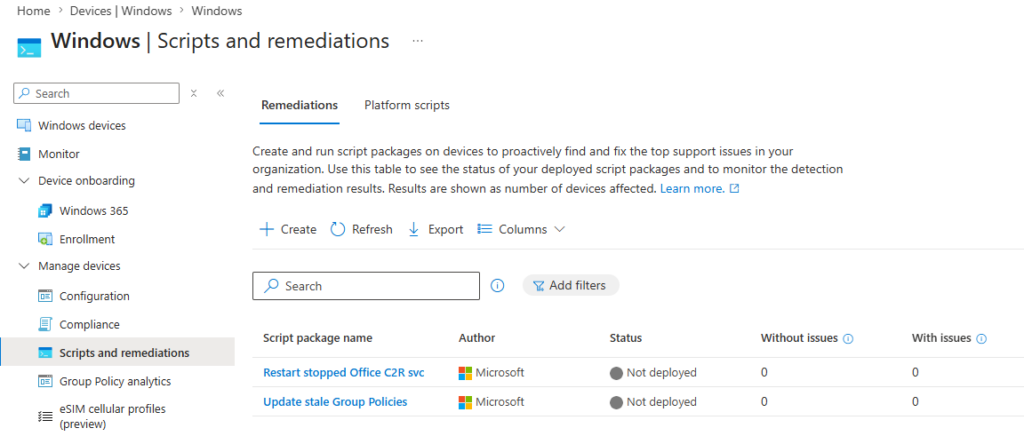 Intune Platform Scripts and Remediations page in the Microsoft Intune admin centre showing the Remediations tab with two built-in Microsoft script packages listed as Not deployed.
