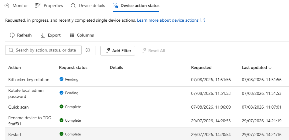 Intune Device Action Status showing recent remote actions