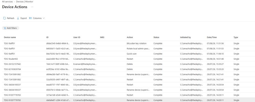 Use the Device actions report for tenant-wide history and audit information.
