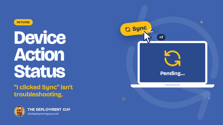 Intune device action status featured image showing a Sync button clicked seven times while a laptop stays on Pending