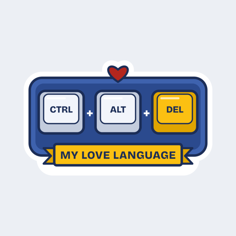 Keyboard sticker showing Ctrl Alt Del keys with a heart and My love language ribbon