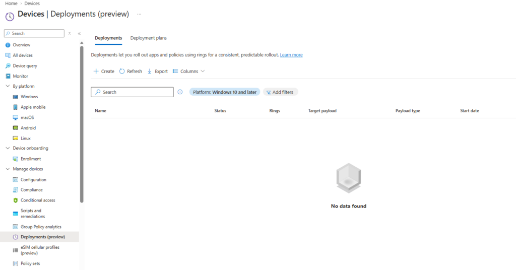  Intune deployment plans in the Deployments section of the Intune admin center