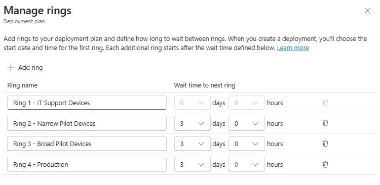 Configuring Intune deployment rings and wait times in a deployment plan