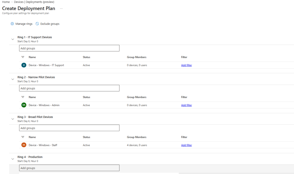Intune deployment plans showing four rings and their groups