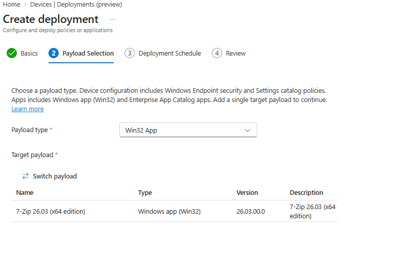 Selecting a Win32 app payload for an Intune deployment