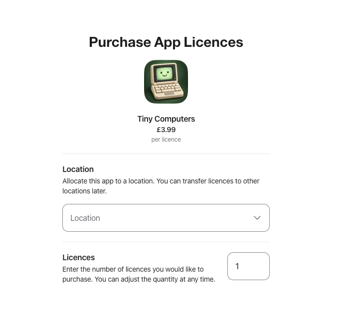 Apple School Manager Purchase App Licences panel for a paid app, with a location and a licence quantity