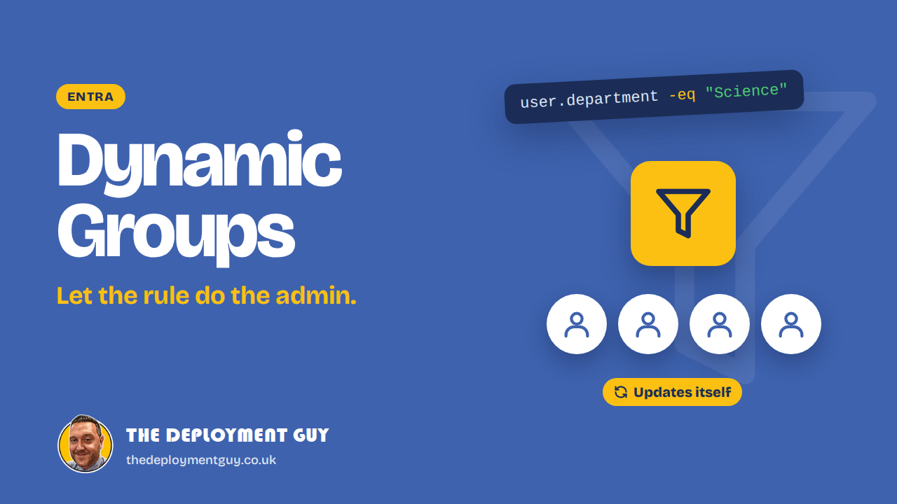 Entra dynamic groups featured image showing a department rule filtering users into a group