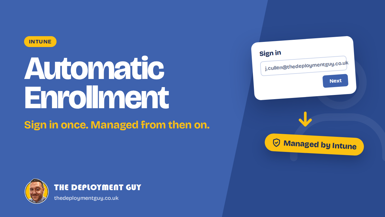 Intune automatic device enrollment featured image showing a sign-in screen leading to a device managed by Intune