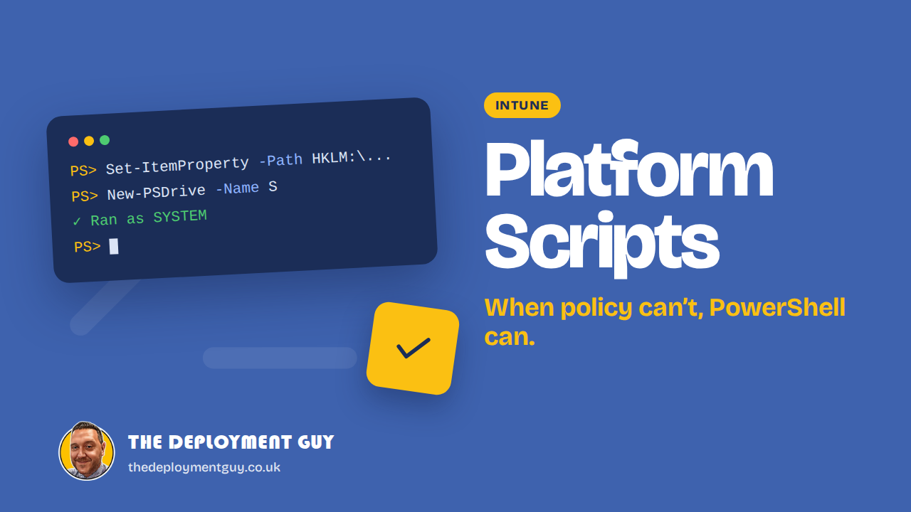 Intune platform scripts featured image showing PowerShell commands running as SYSTEM