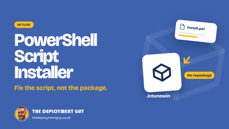 Intune PowerShell script installer featured image showing an install script swapped into a Win32 package without repackaging