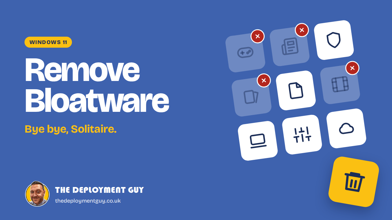 Remove Windows 11 bloatware with Intune featured image showing default app tiles being removed into a bin