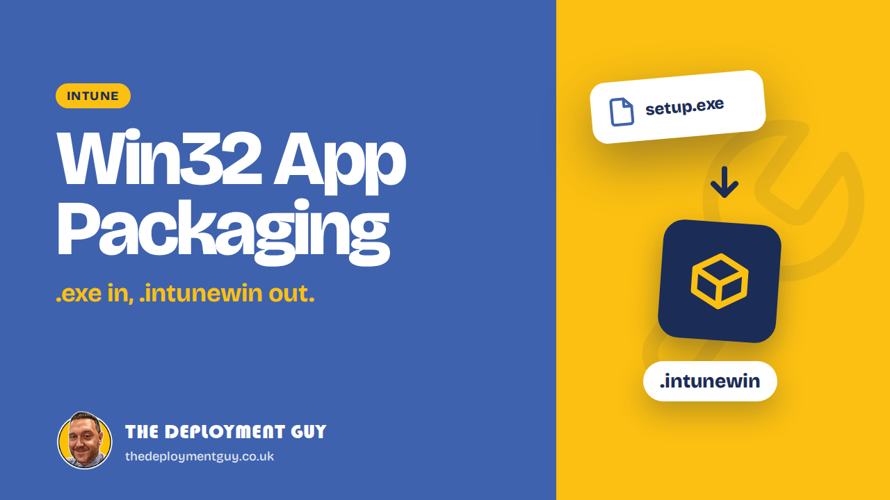 Intune Win32 app packaging featured image showing setup.exe being packaged into an .intunewin file