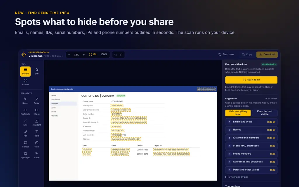 ScreenshotIT finding emails, names and IDs in an Intune screenshot