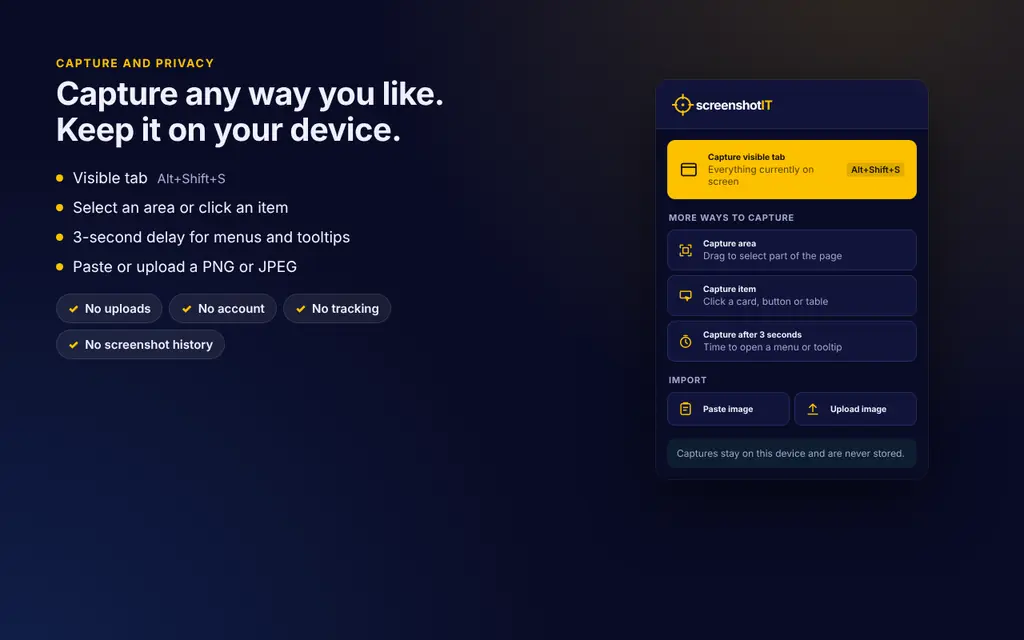 ScreenshotIT capture options, all on your device