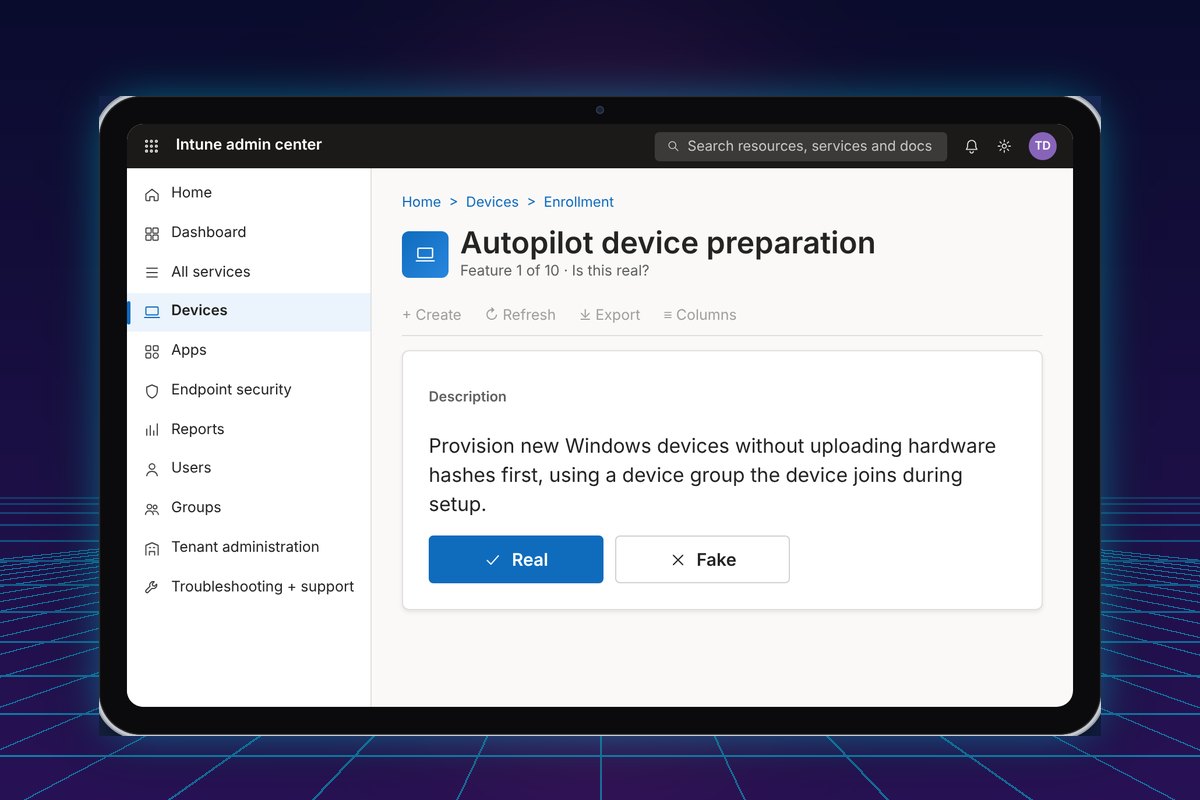 Intune or Not? game on a tablet showing an Intune admin center feature