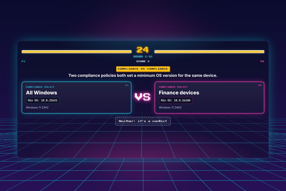 Which Wins? fighting-game screen with two compliance policies facing off