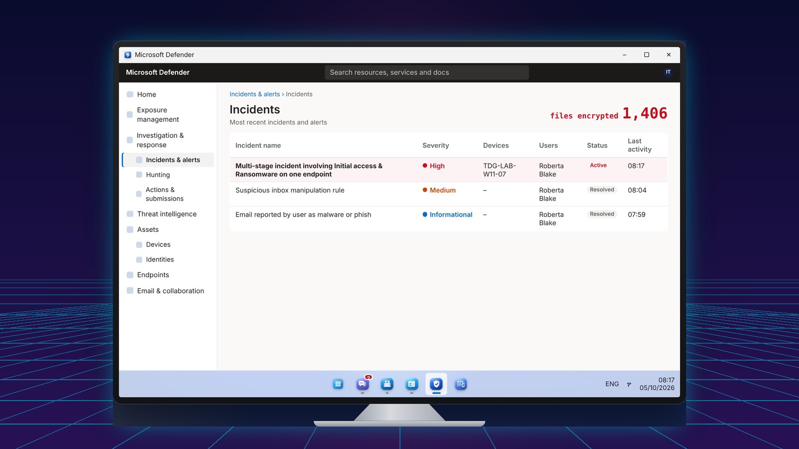 Zero Day: Incident game showing a Defender incident with files being encrypted